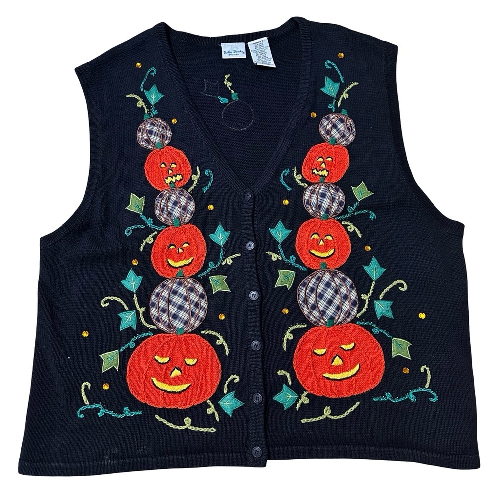 VTG Halloween Pumpkin Sweater Vest Black Embroidered Jack O’Lantern Sz 26W/28W